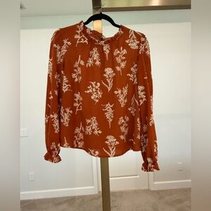 SHEIN Rust Floral Ruffle-Cuff Long-Sleeve Blouse